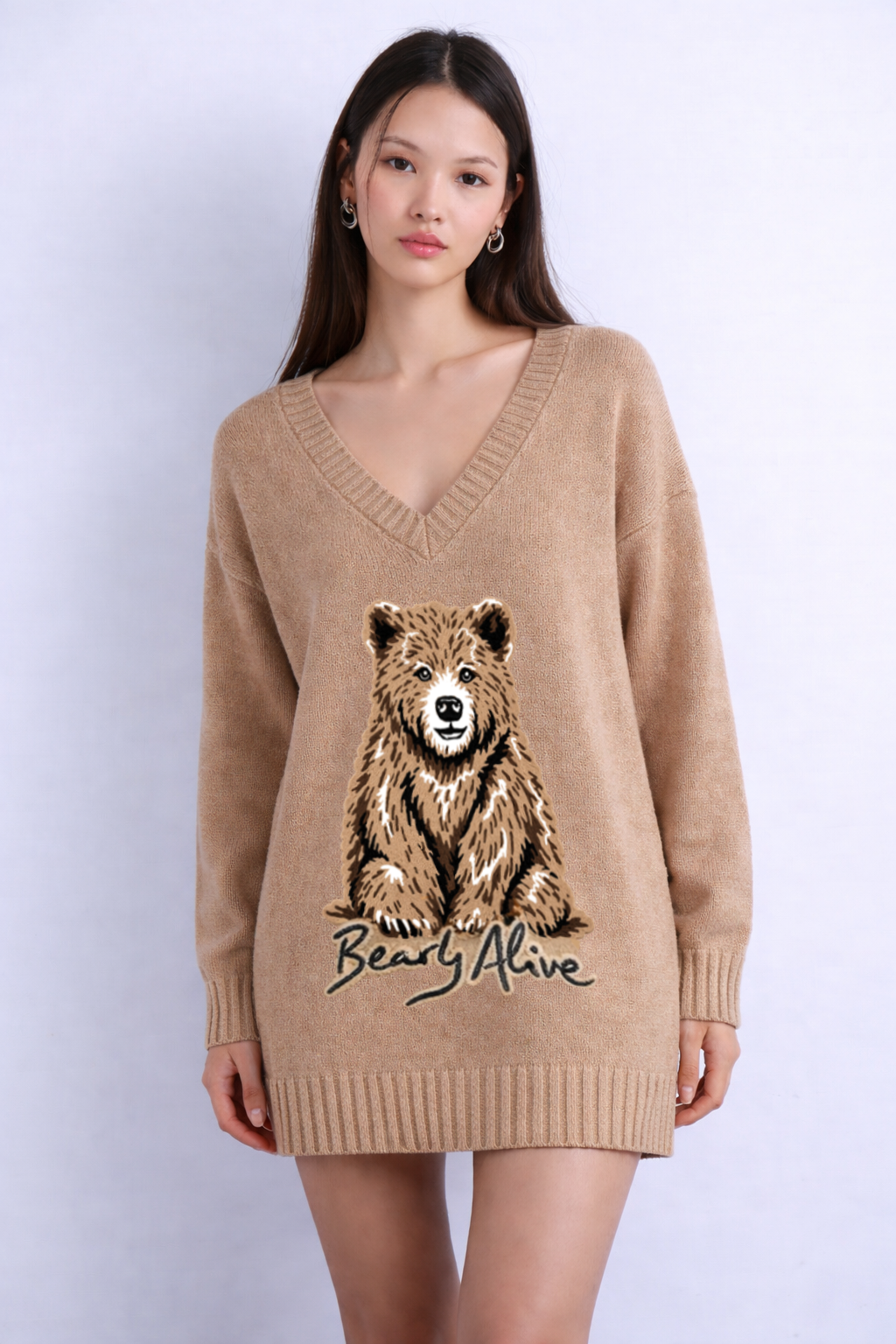 Bearly Alive Oversized Knit Brown Jumper-Dress