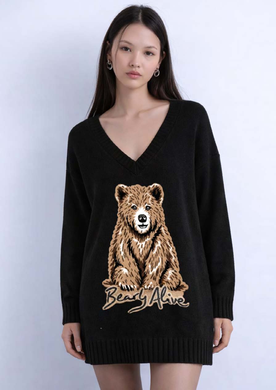 Bearly Alive Oversized Knit Black Jumper-Dress