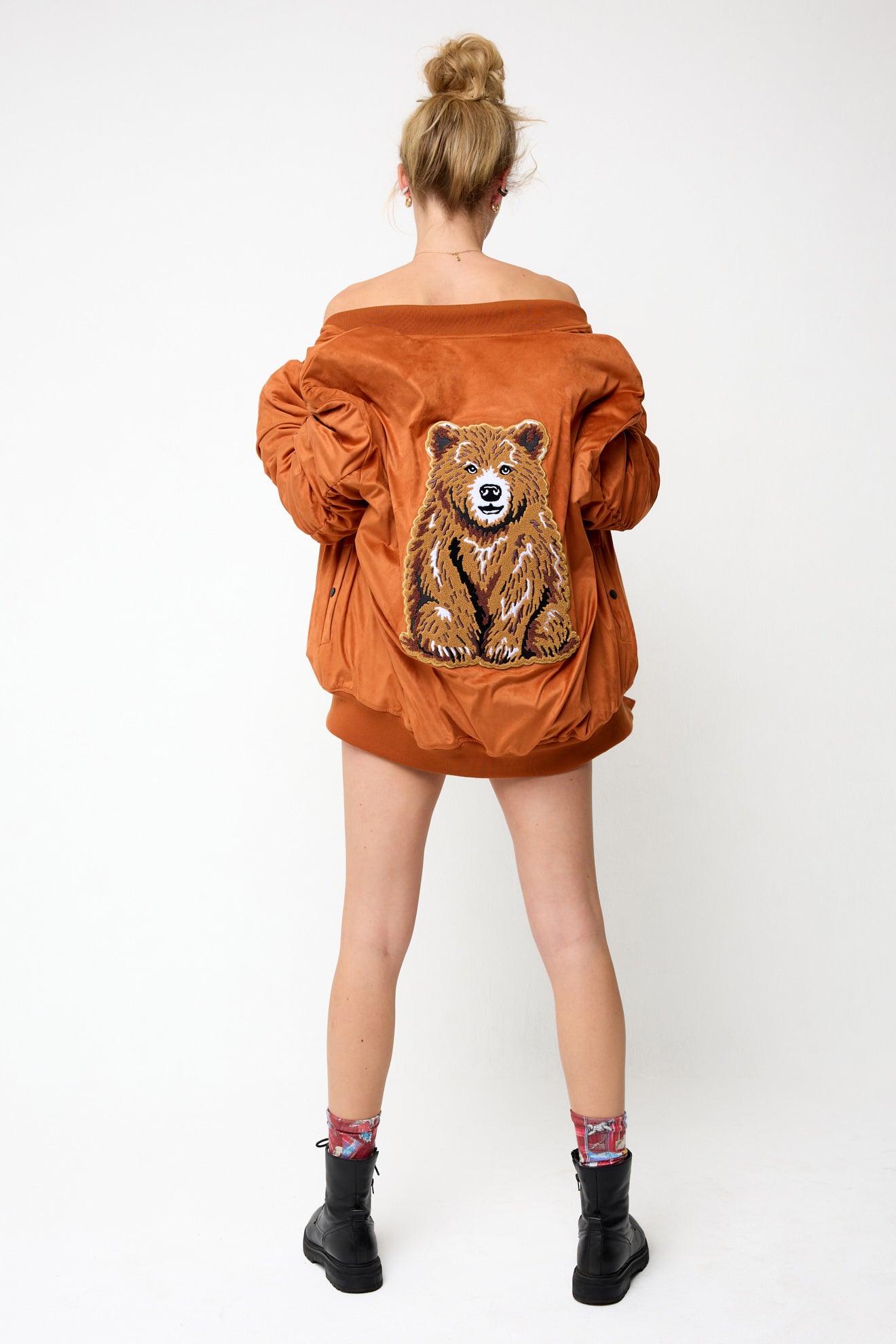Bear Faux Suede Bomber Jacket