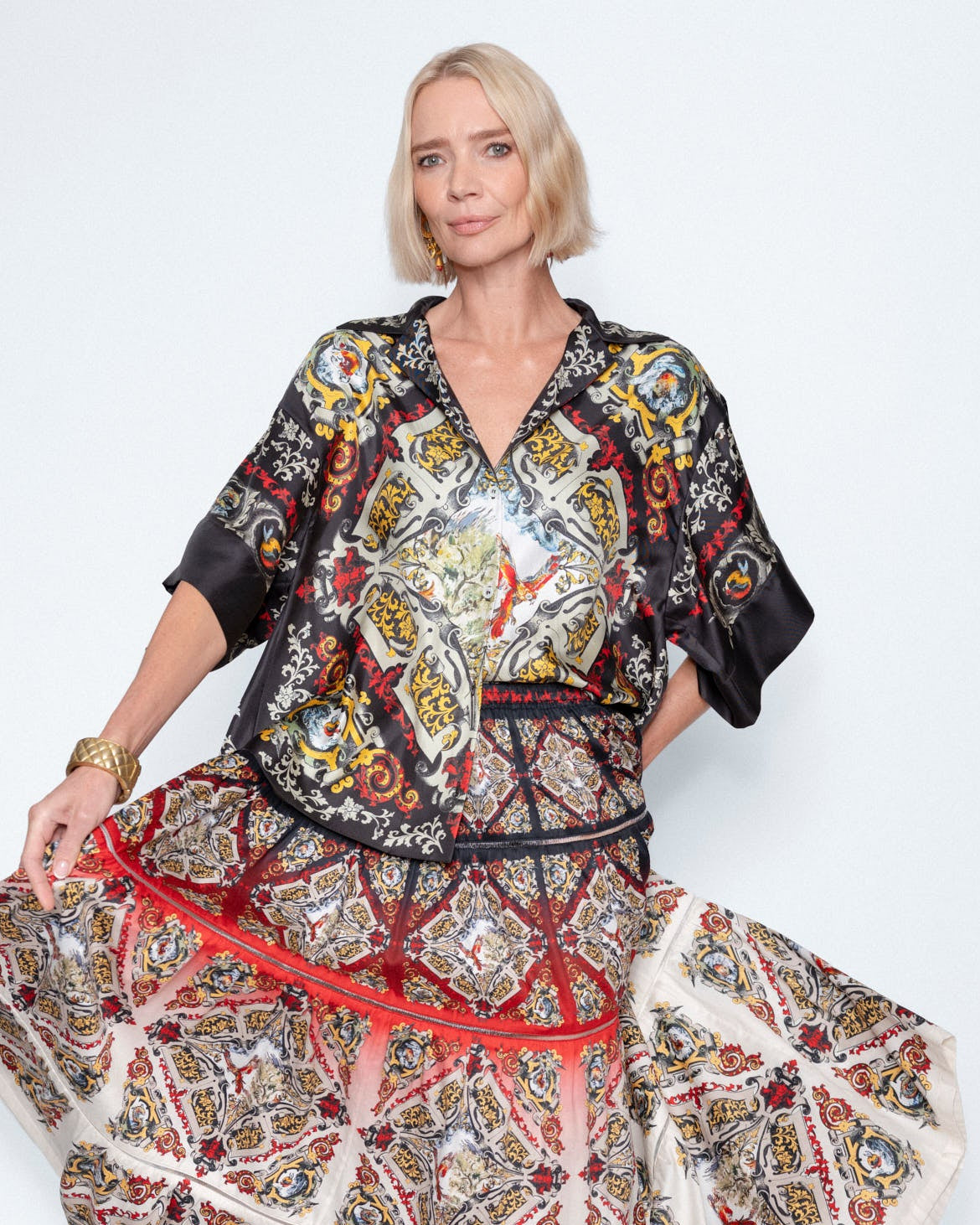 The Imperial Silk Shirt worn with a printed maxi skirt, close up