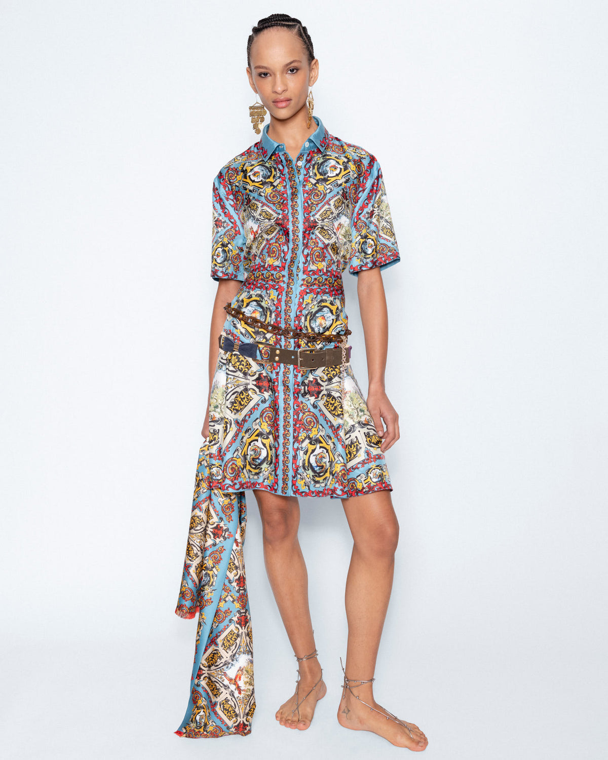 The Painted Palazzo Dress worn with a long printed silk scarf, full length
