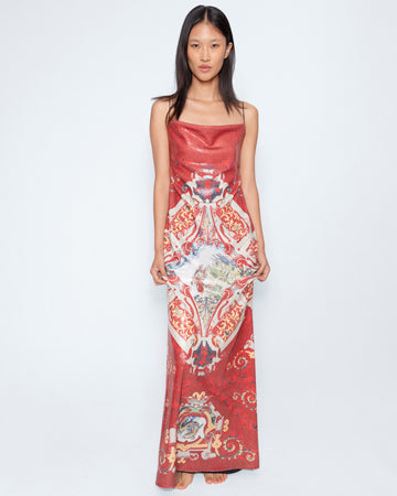 The Scarlet Tapestry Sequin Gown worn by a model, full length