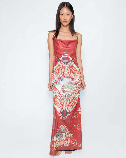 The Scarlet Tapestry Sequin Gown worn by a model, full length