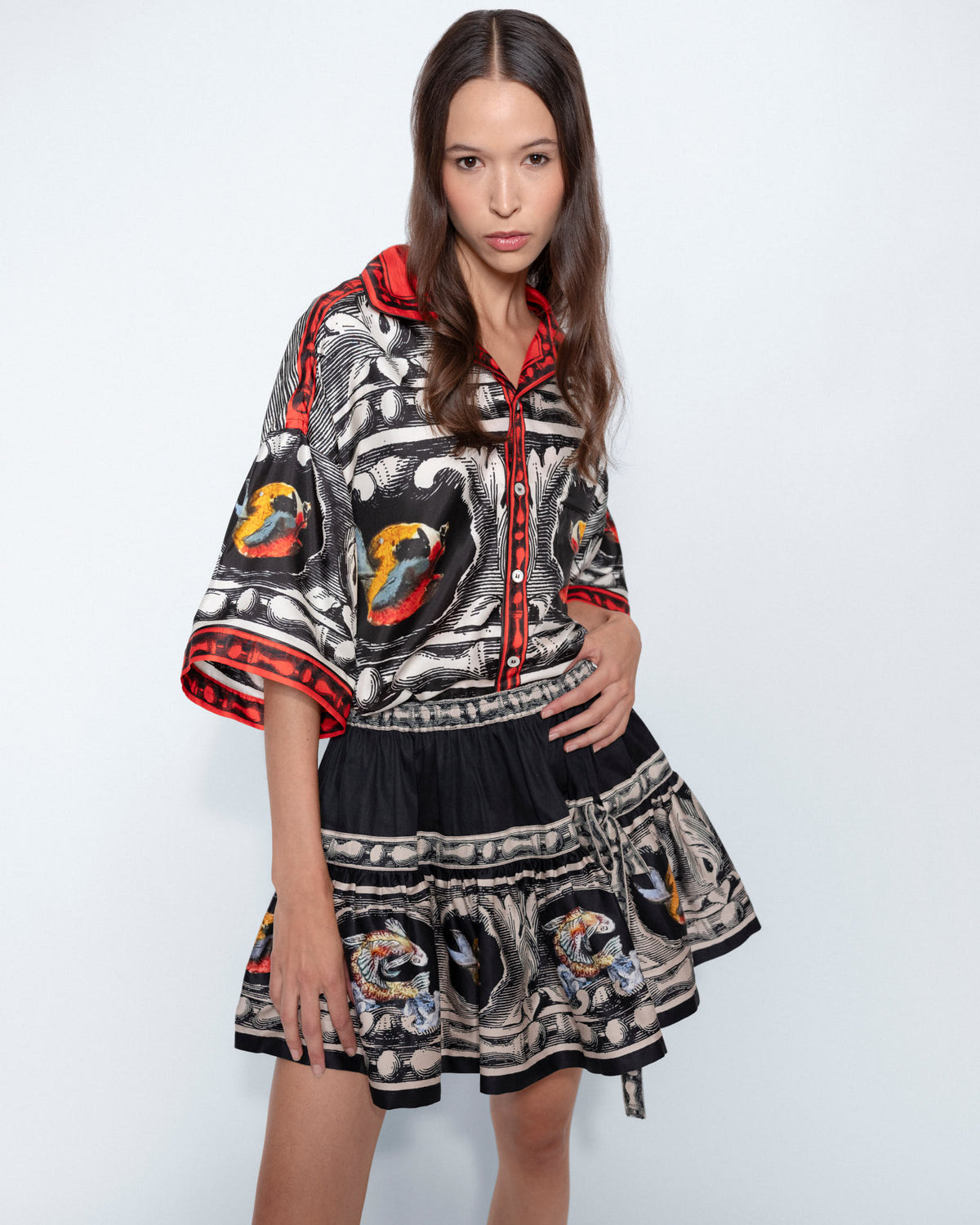 Midnight Aviary Silk Shirt and Midnight Aviary Silk Mini Skirt worn together