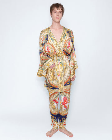 The Riviera Baroque Silk Kimono and The Riviera Baroque Silk Trousers worn together