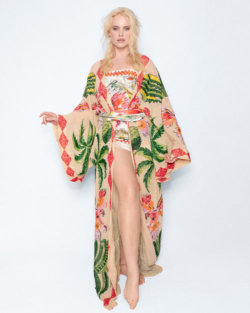 World On Fire Phoenix Embroidered Kimono worn by a model, full length