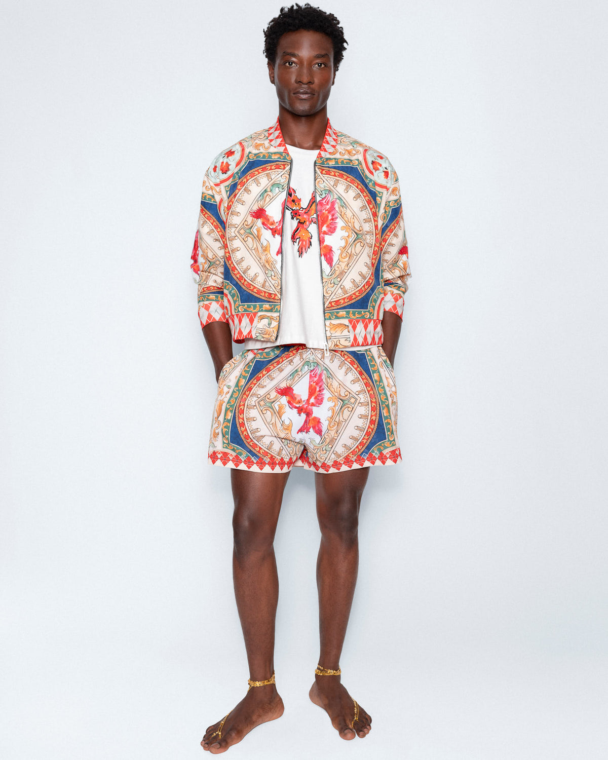 The Phoenix Silk Bomber Jacket and The Phoenix Silk Shorts worn together