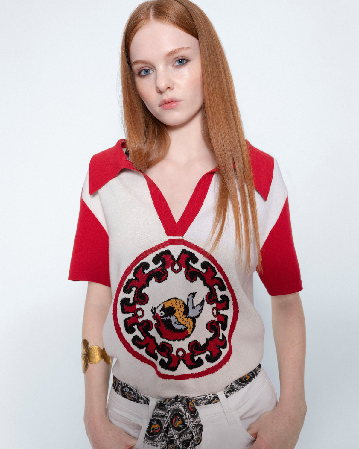 World On Fire Medallion Knit Red Polo worn by a model, close up