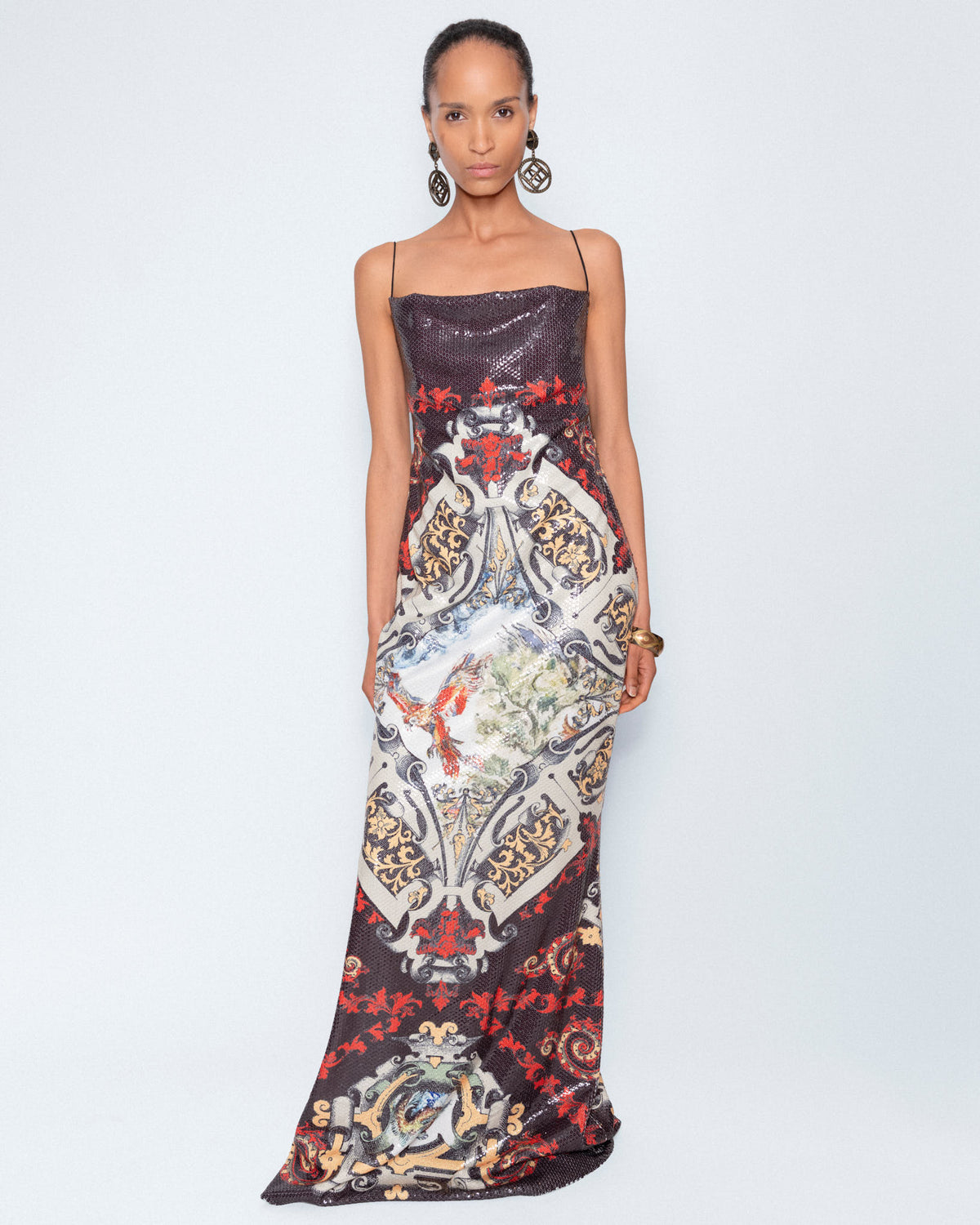 The Midnight Baroque Gown worn by a model, front