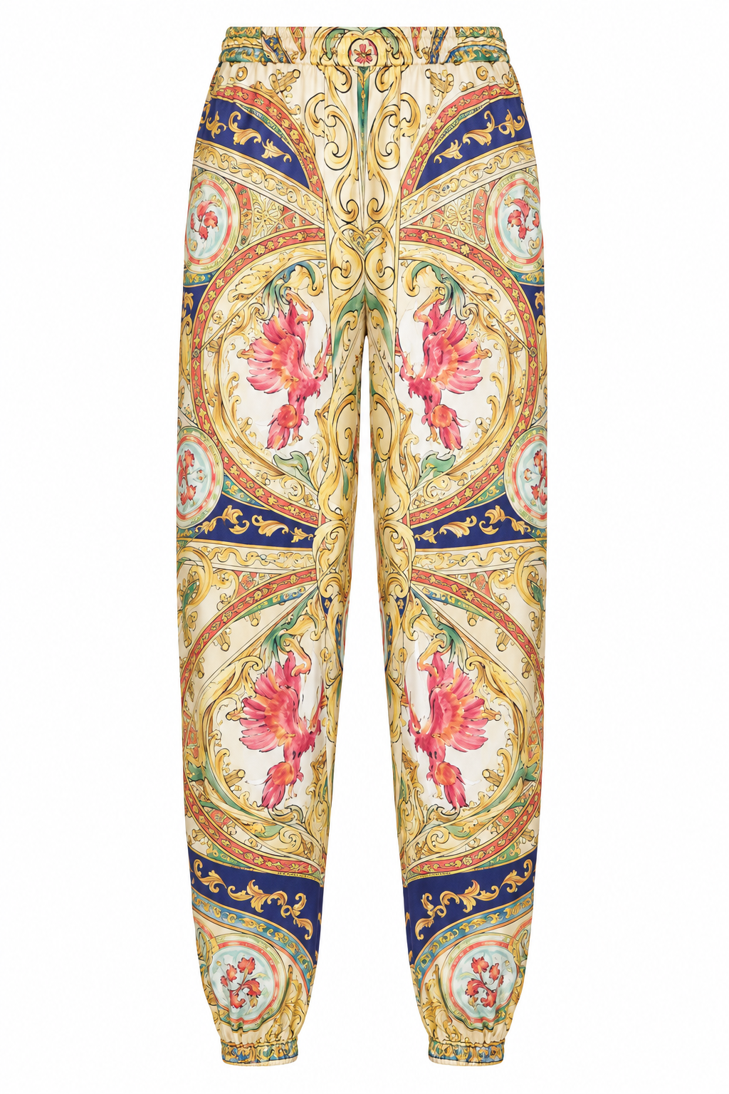 The Riviera Baroque Silk Trousers, shown flat on a white background