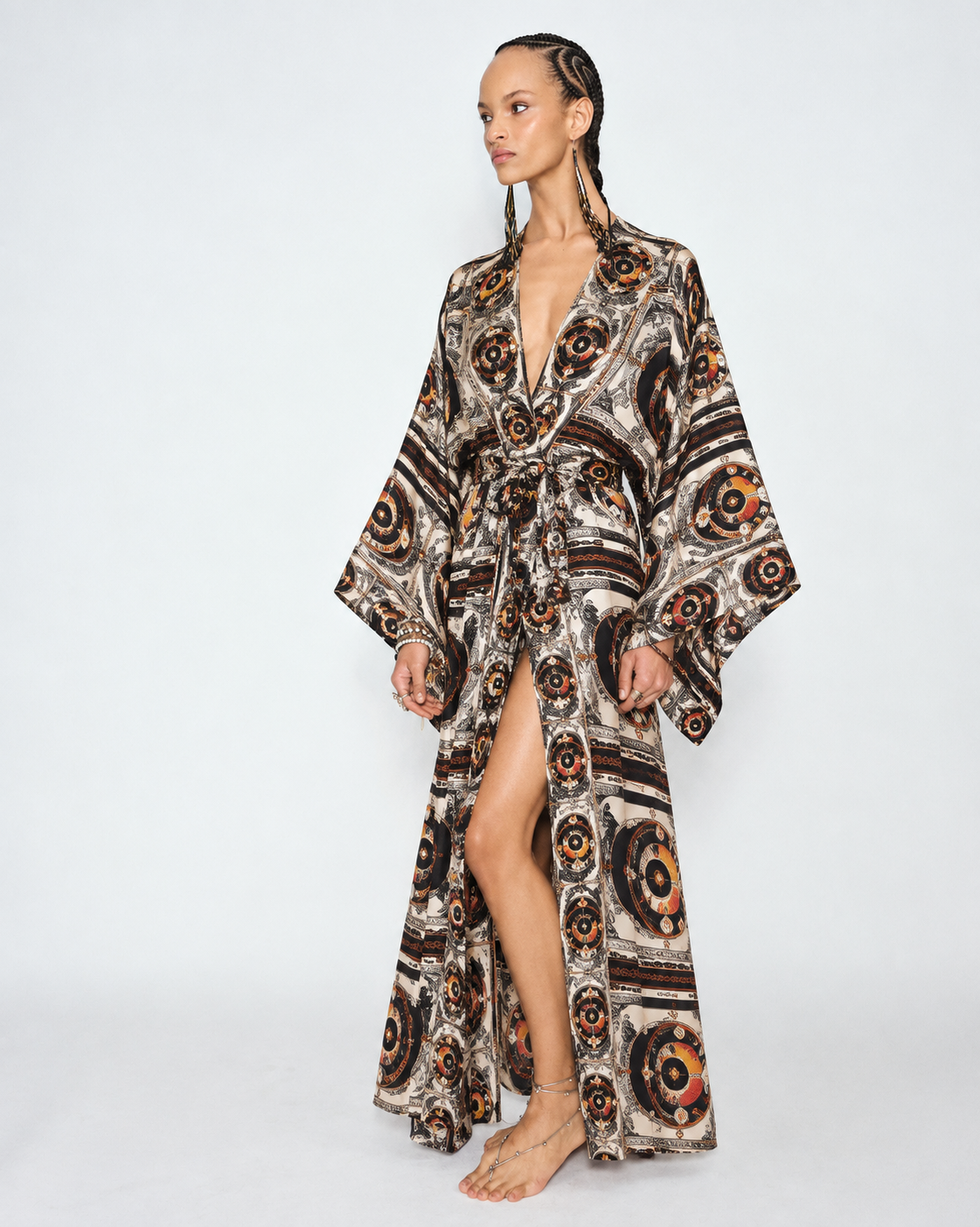 The Koi Fish Kimono Robe worn by a model, full length