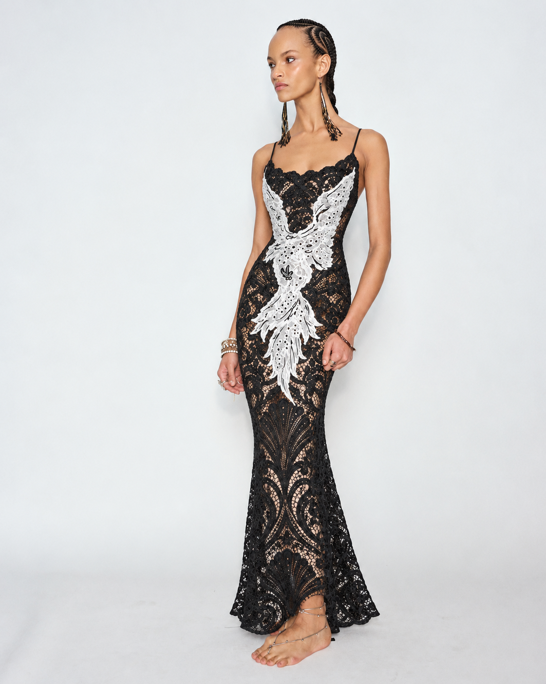 World On Fire Helena Lace Evening Gown worn by a model, full length