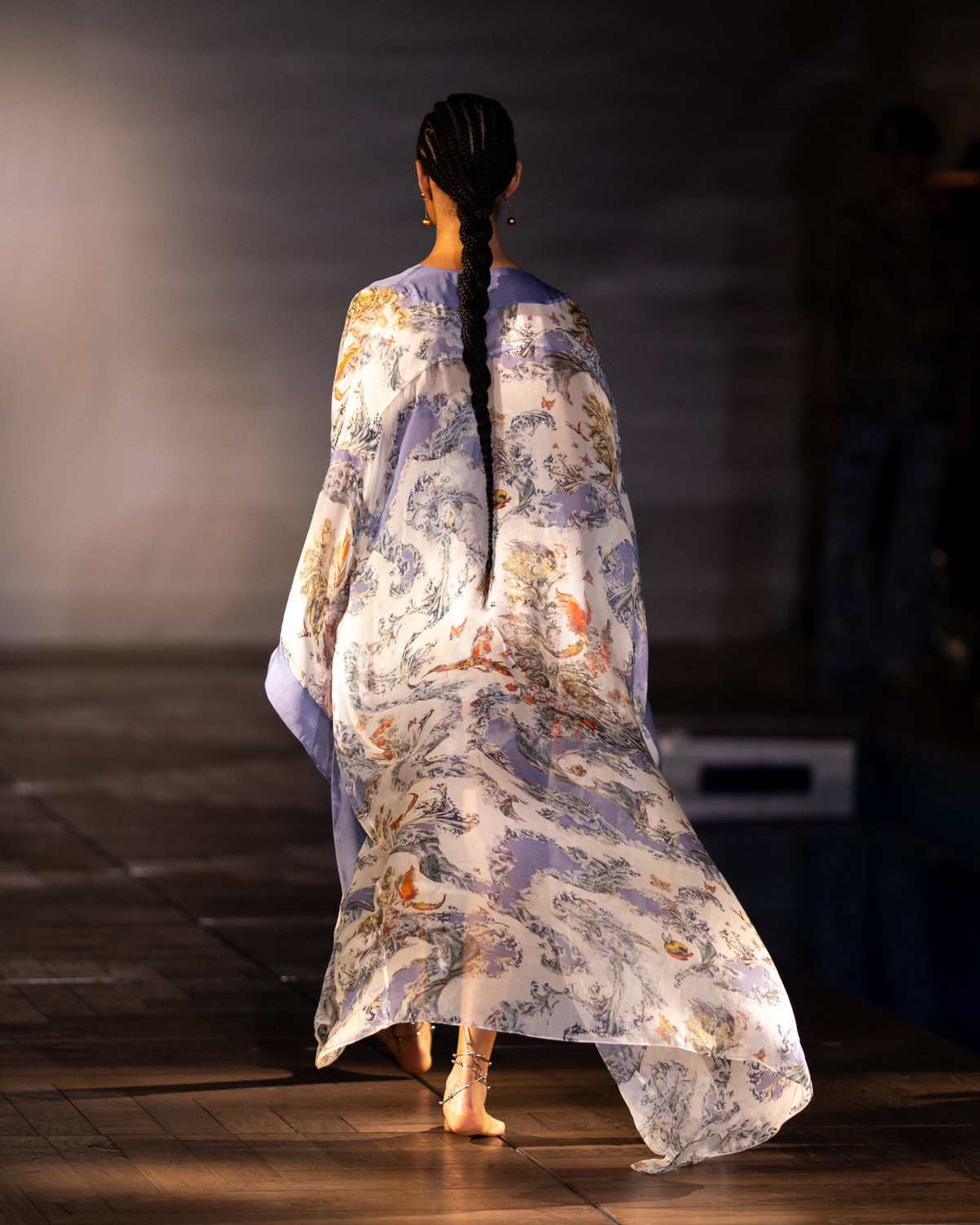 Sheer Blue Toile Floral Kimono Robe worn on the runway, back view