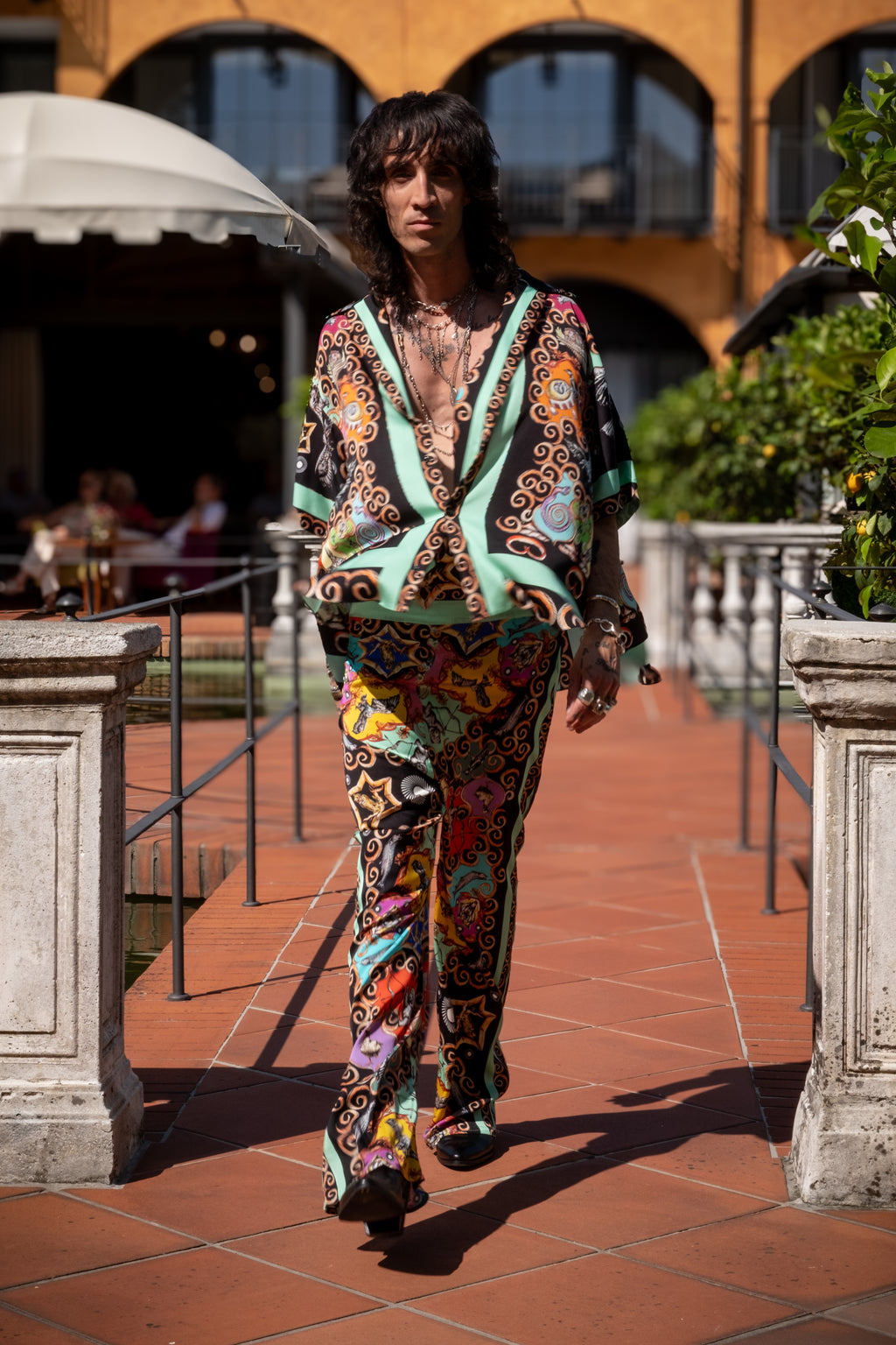 Pantaloni in Seta Stretch con Stampa Menta