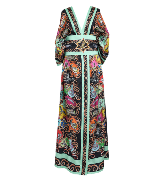 Kimono in Twill di Seta Riciclata con Stampa Menta