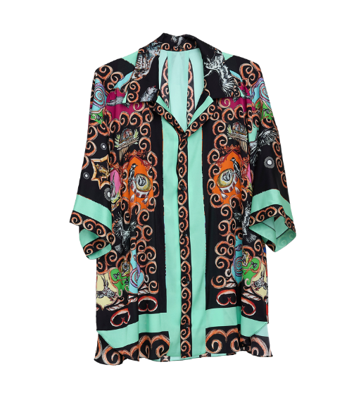 Blusa in Seta Stretch con Stampa Menta