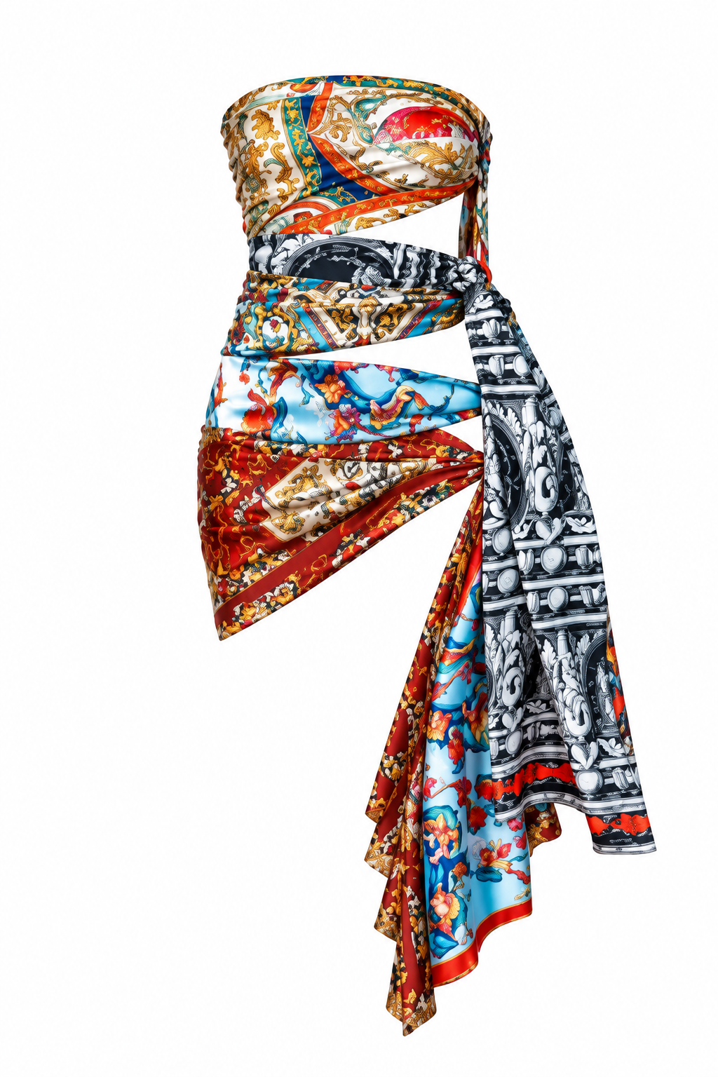 The Scarf-Wrap Mini Dress, shown flat on a white background