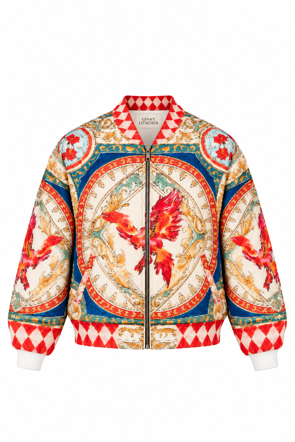 The Phoenix Silk Bomber Jacket, shown flat on a white background