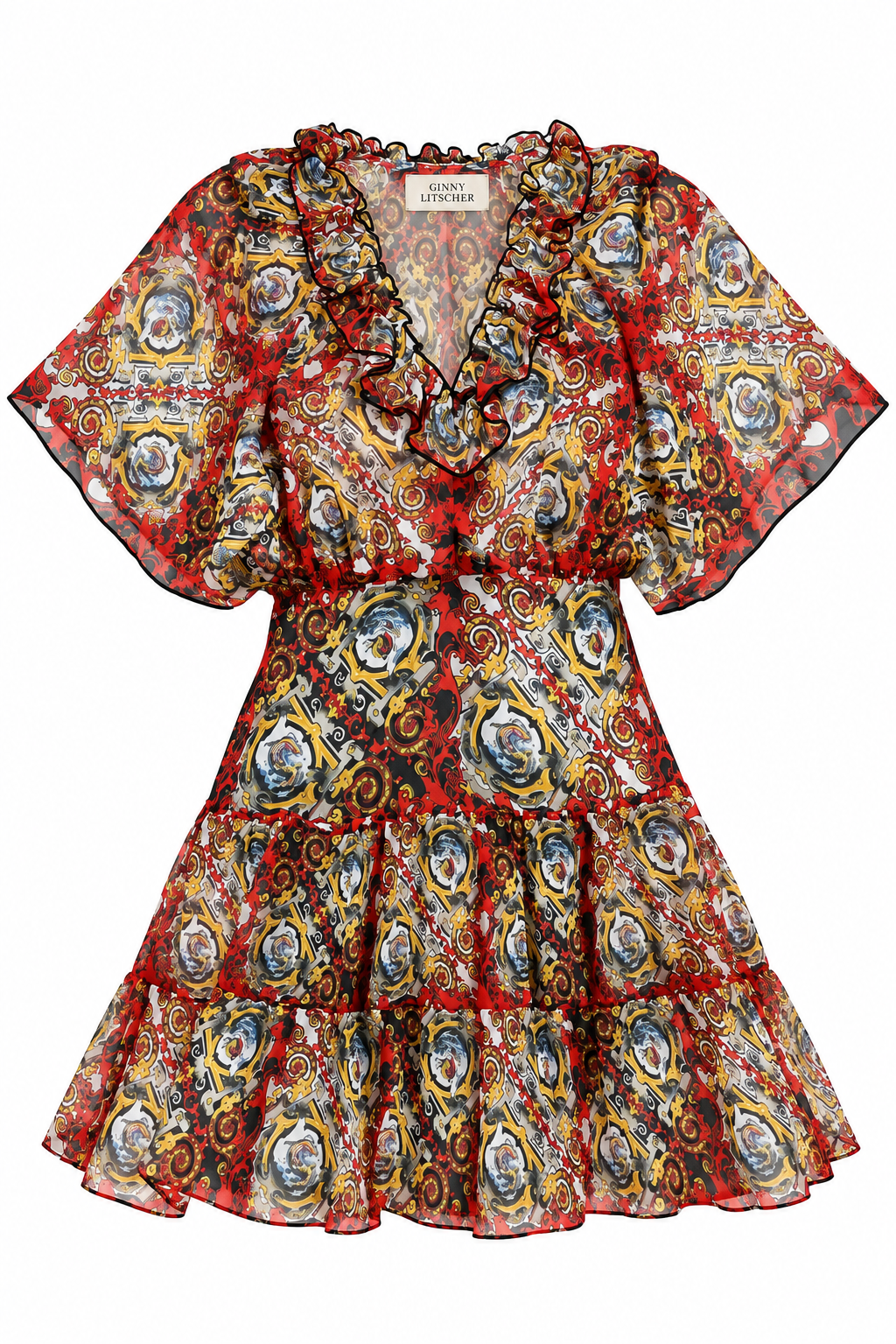 The Rococo Ruffle Mini Chiffon Dress, shown flat on a white background
