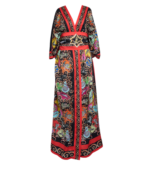 Kimono in Twill di Seta Riciclata con Stampa Segni Zodiacali Rossa