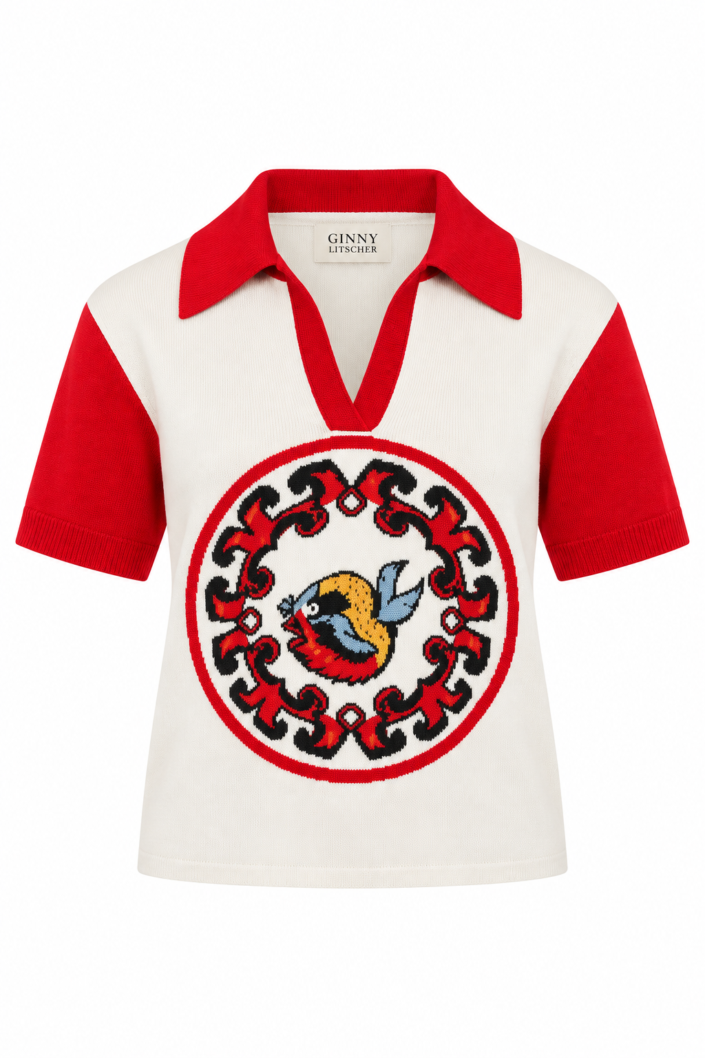 World On Fire Medallion Knit Red Polo, shown flat on a white background