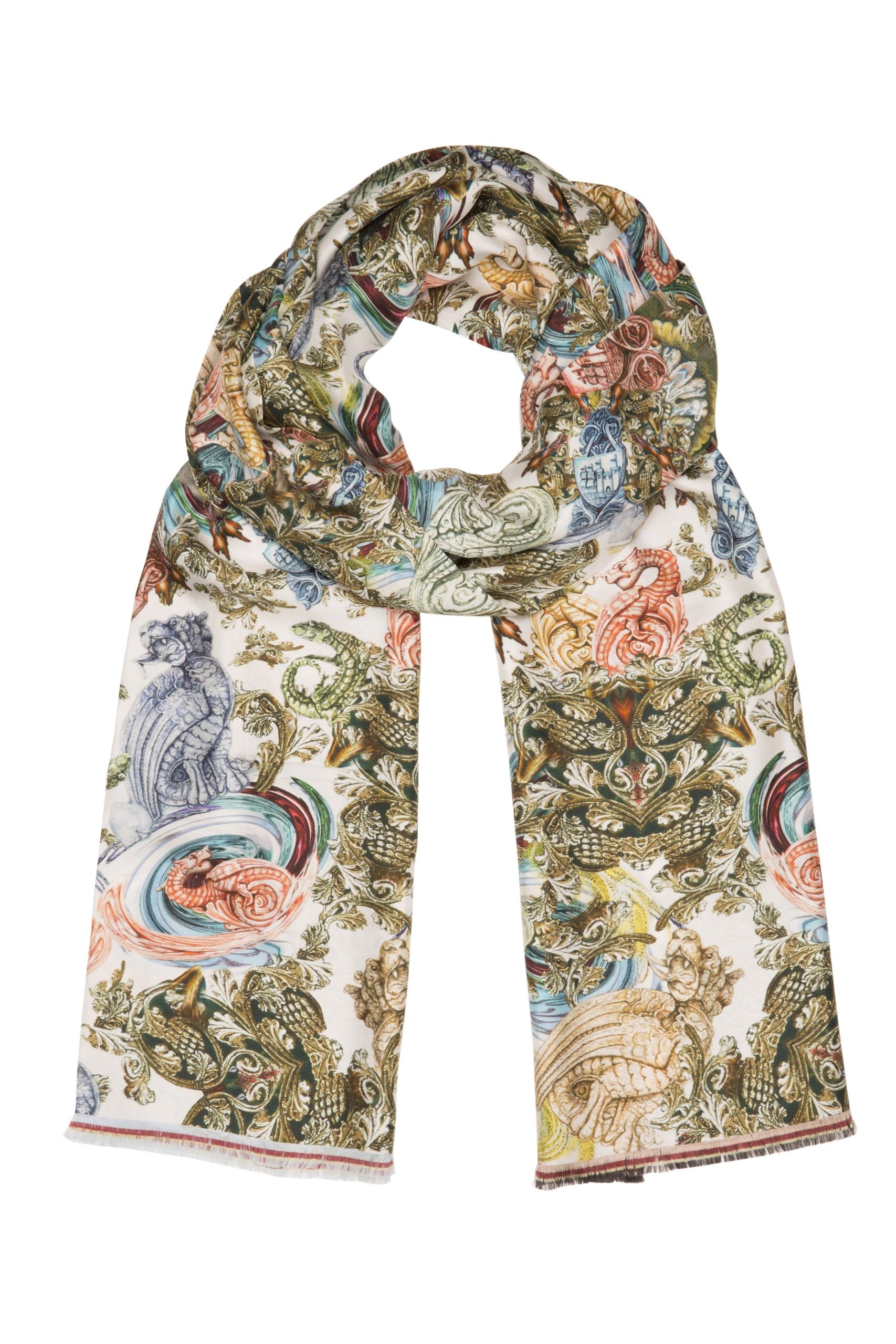Silk Scarf Dragon White