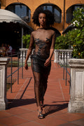 Black Snake Vegan Leather Lasercut Mesh Dress