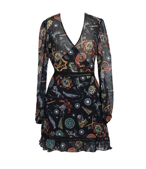 Abito Avvolgente in Chiffon Nero Estivo in Seta con Segni Zodiacali