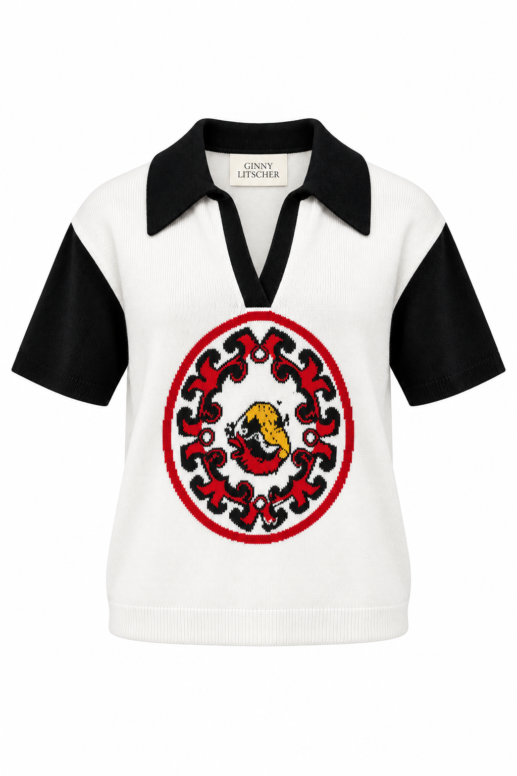 World On Fire Medallion Knit Black Polo, shown flat on a white background