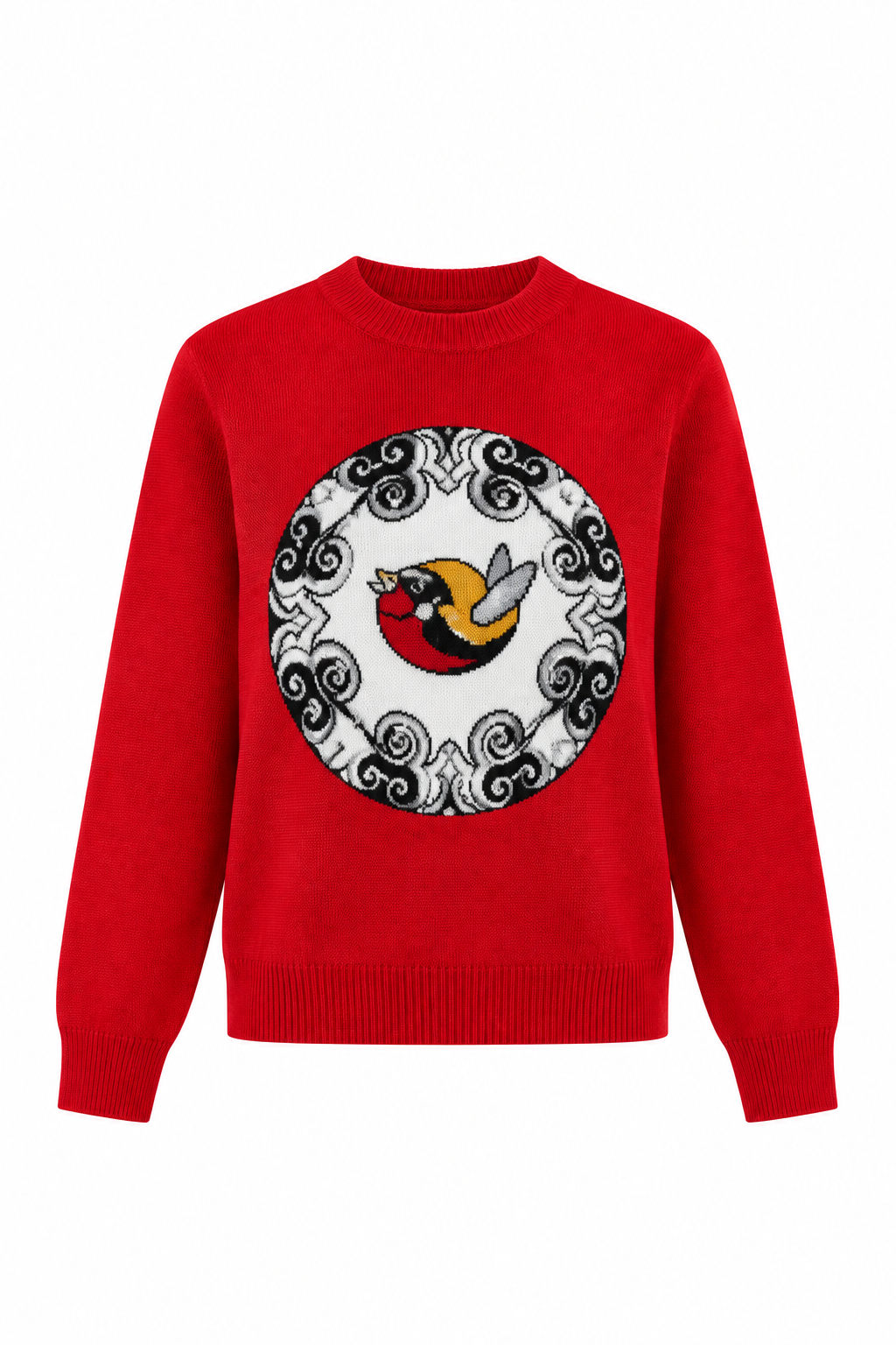 World On Fire Medallion Red Knit, shown flat on a white background