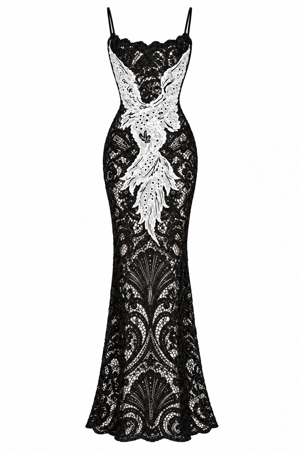 World On Fire Helena Lace Evening Gown, shown flat on a white background