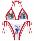 The Barfing Fish Bikini, front: white triangle bikini with red lace trim, red ties with gold tips and painted fish prints