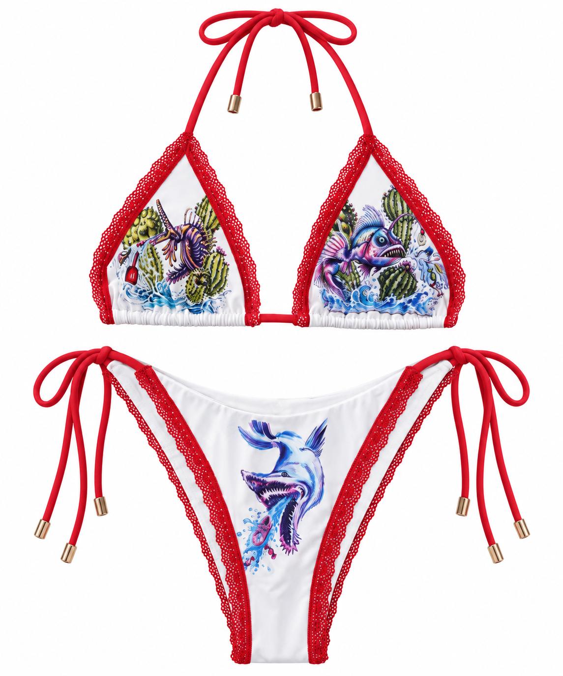 The Barfing Fish Bikini, front: white triangle bikini with red lace trim, red ties with gold tips and painted fish prints