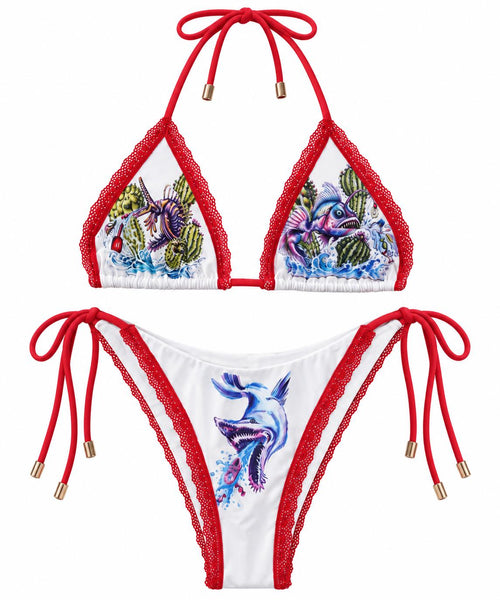 The Barfing Fish Bikini, front: white triangle bikini with red lace trim, red ties with gold tips and painted fish prints