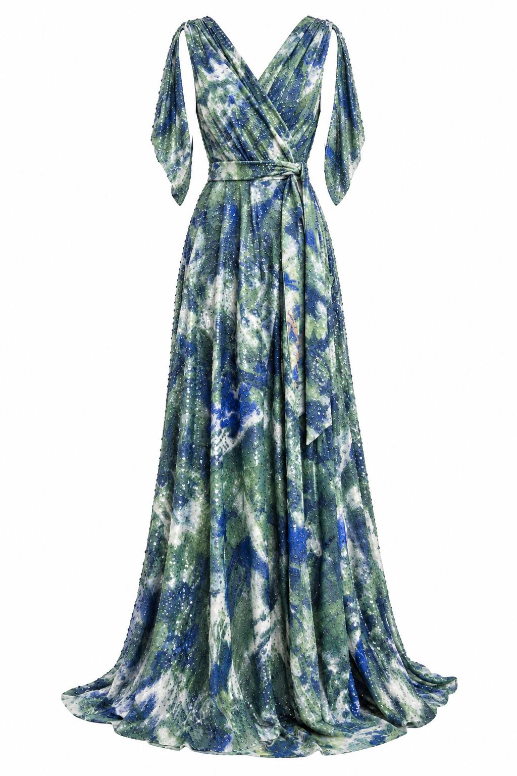 The Embellished Forest Green Evening Gown, front: wrap gown in blue and green with sequins and tie sleeves