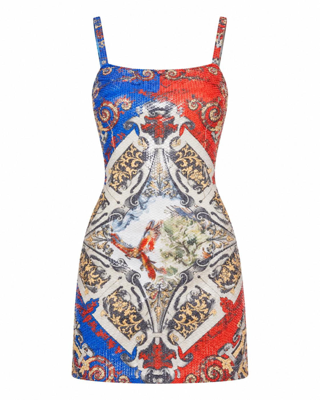 The Gilded Muse Mini Dress, front: sequinned mini dress in blue and red with a central phoenix medallion