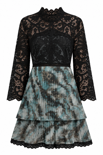 Black Lace and Pleated Teal Mini Dress, shown flat on a white background