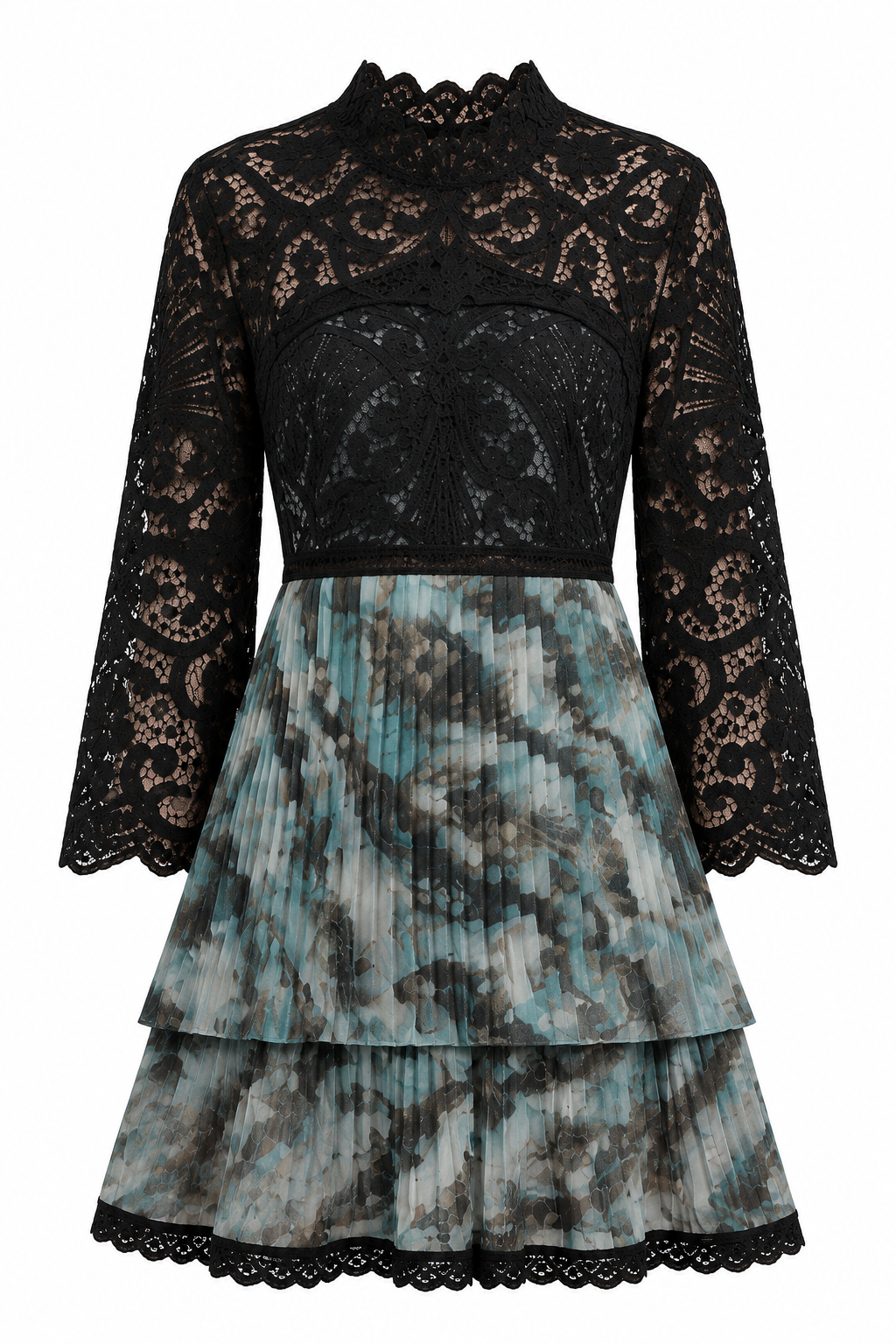 Black Lace and Pleated Teal Mini Dress, shown flat on a white background