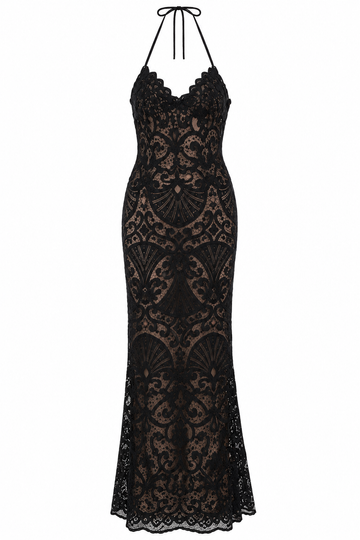 Black Lace Halter Maxi Dress, shown flat on a white background
