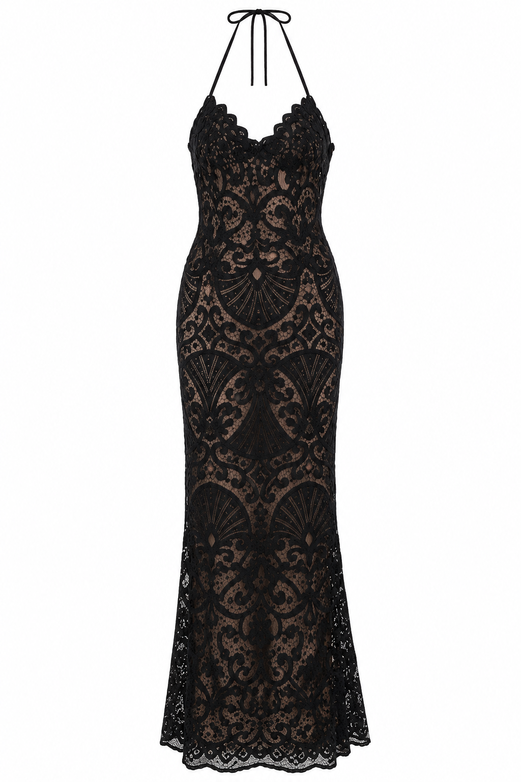 Black Lace Halter Maxi Dress, shown flat on a white background