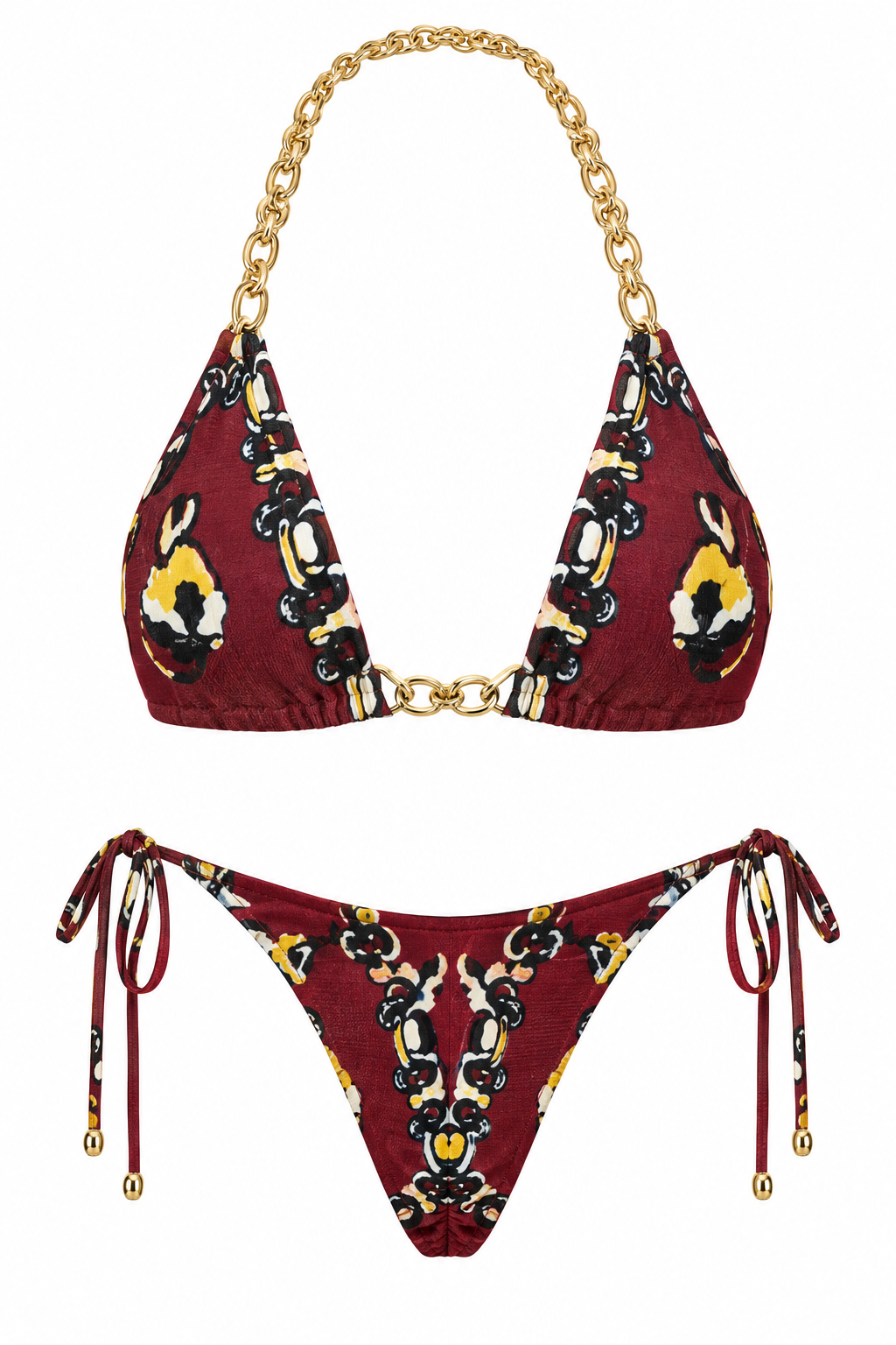 Burgundy Koi Fish Chain-Detail Bikini Set, shown flat on a white background