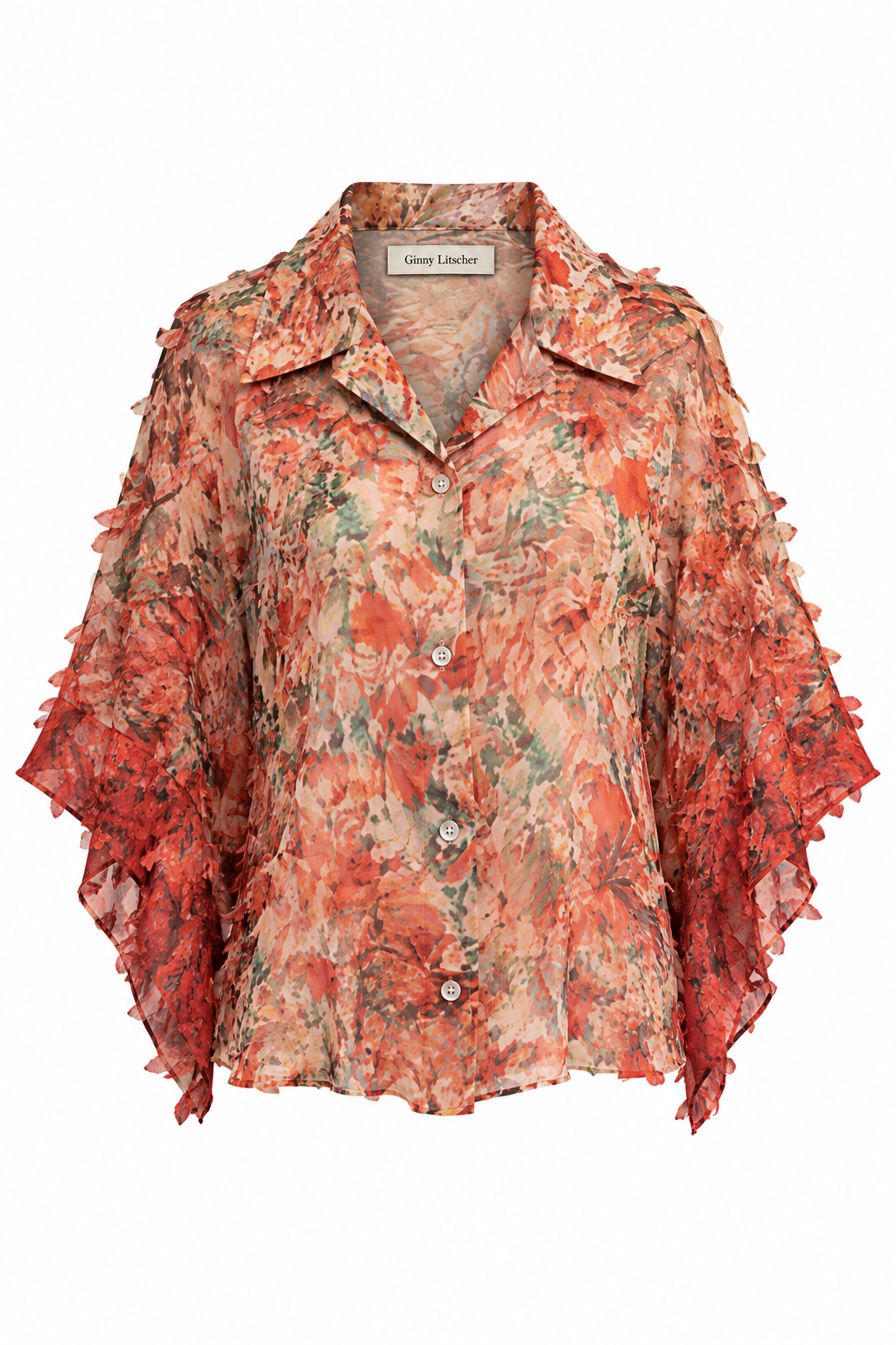 Coral Floral Ruffled Chiffon Blouse, shown flat on a white background