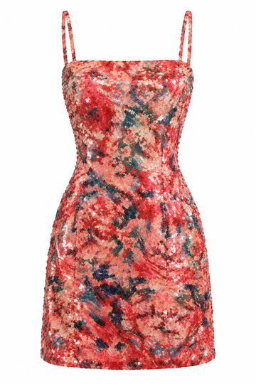 Coral Sequin Floral Mini Dress, shown flat on a white background