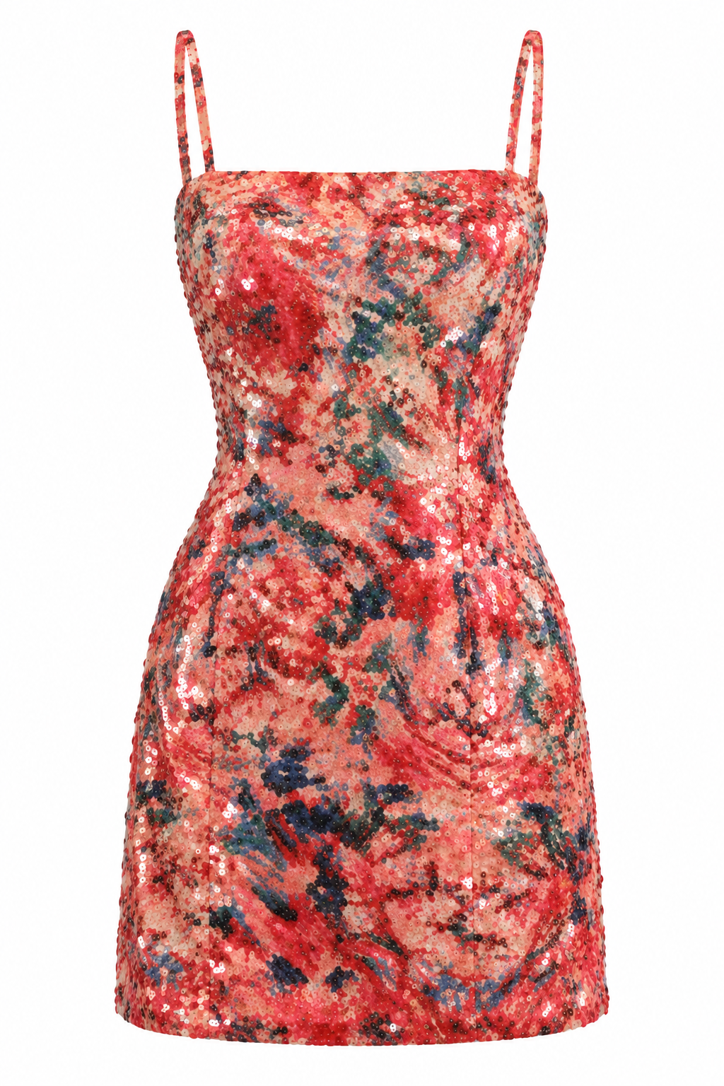 Coral Sequin Floral Mini Dress, shown flat on a white background