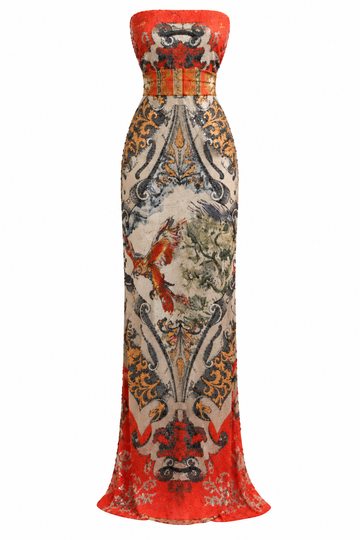 Embellished Baroque Evening Gown, shown flat on a white background