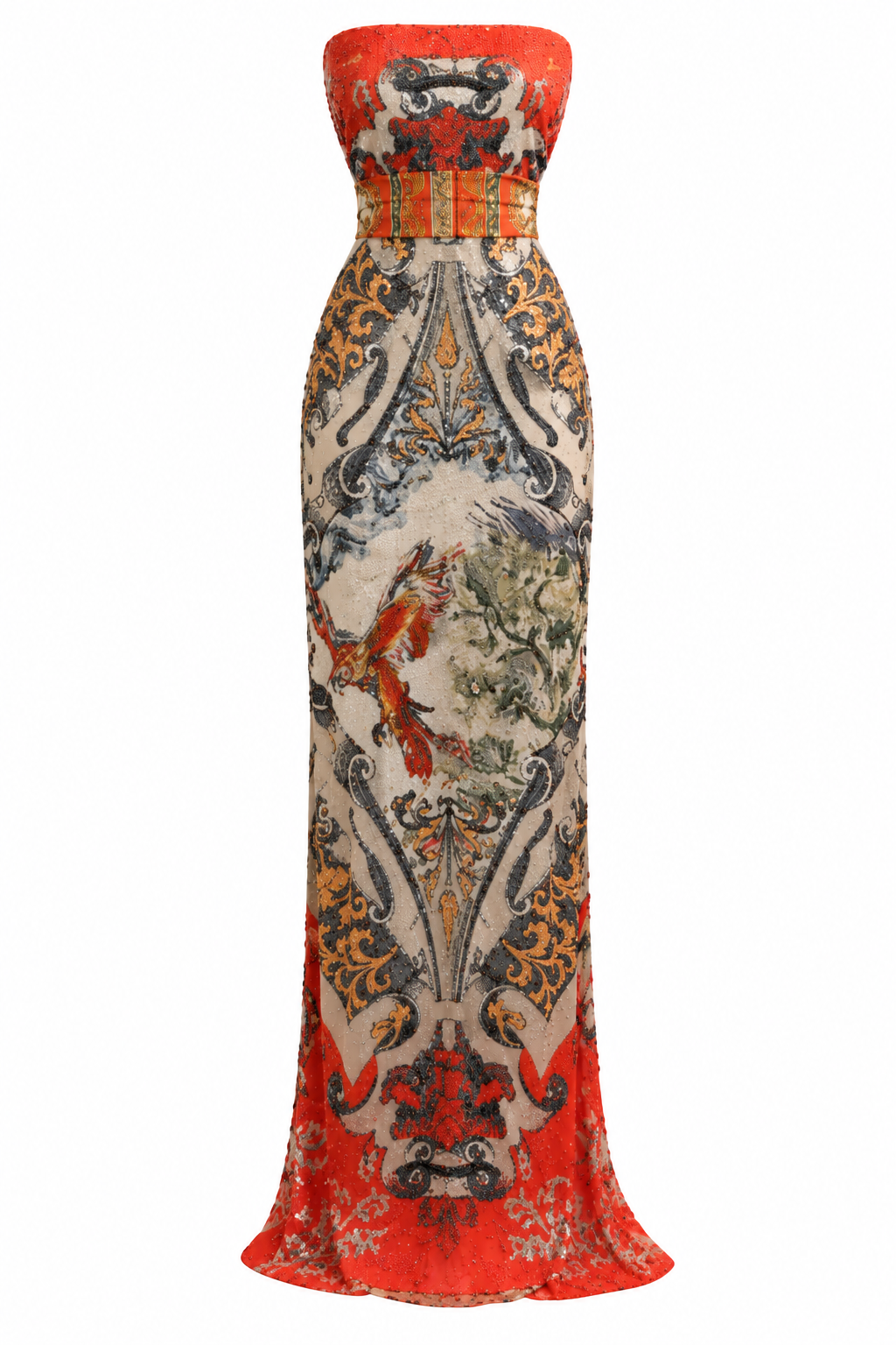 Embellished Baroque Evening Gown, shown flat on a white background