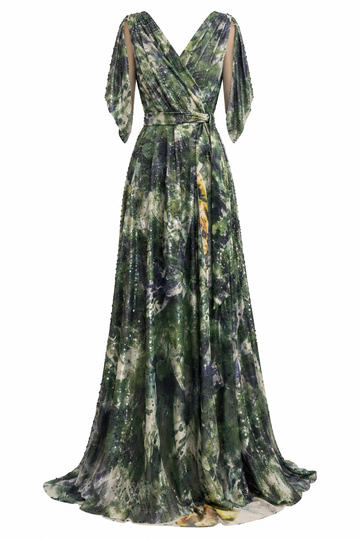 The Embellished Forest Green Evening Gown, shown flat on a white background