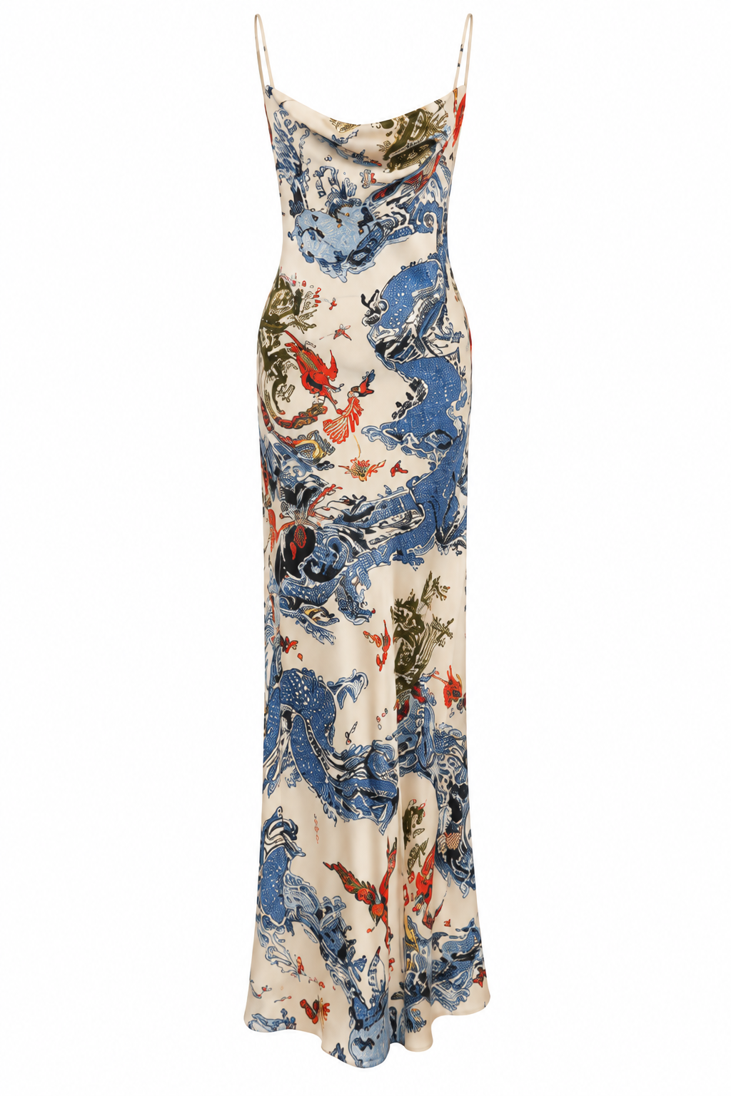 Ivory Blue Dragon Print Slip Dress, shown flat on a white background