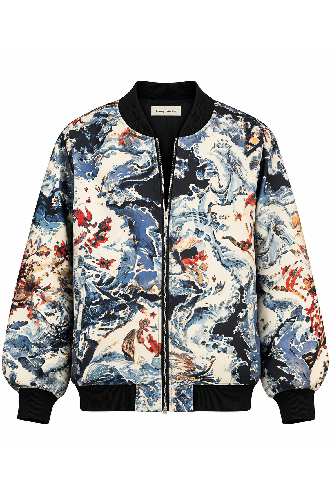 Japanese Wave Print Bomber Jacket, shown flat on a white background
