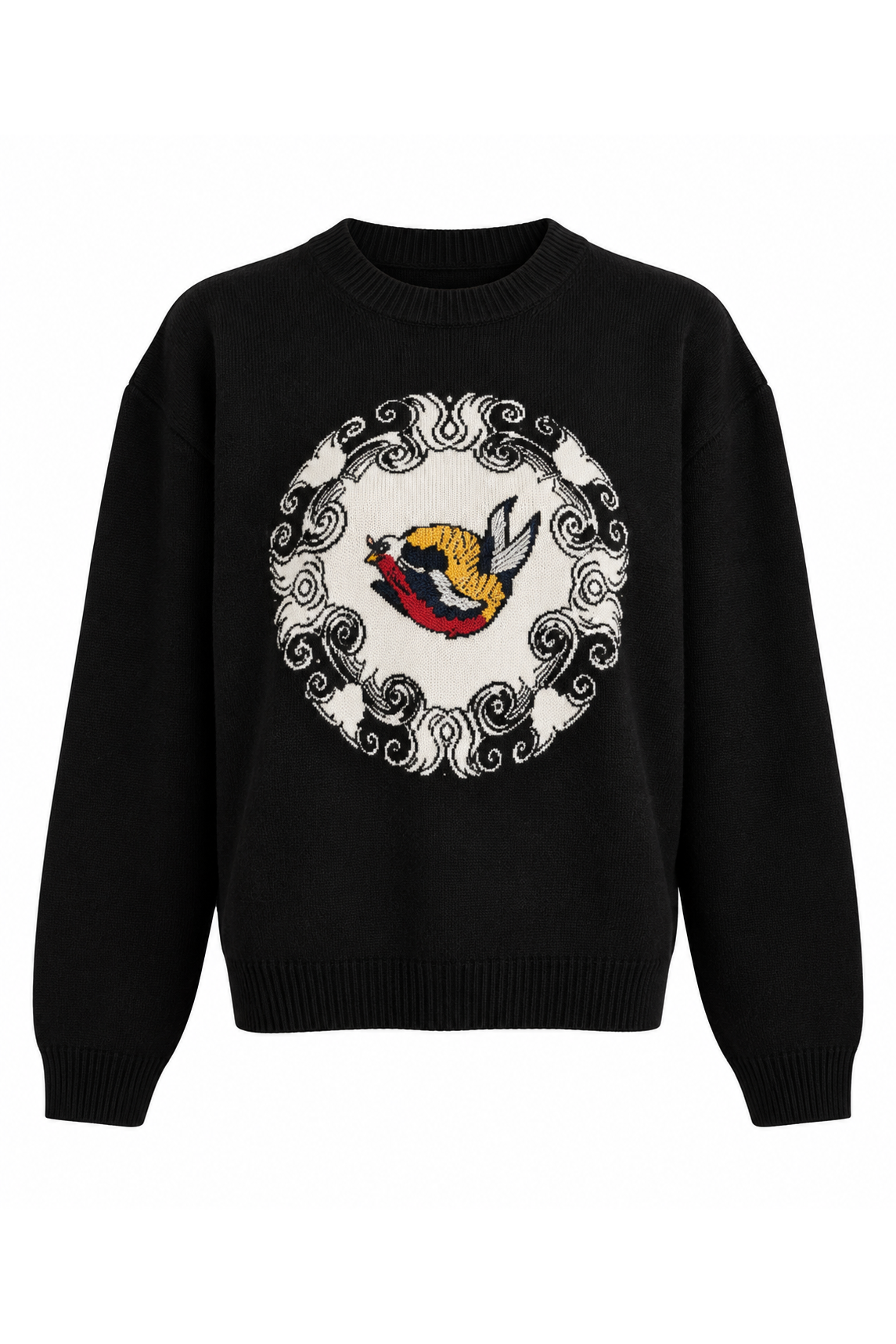 Knitted Black Jumper with Ornamental Bird Emblem, shown flat on a white background